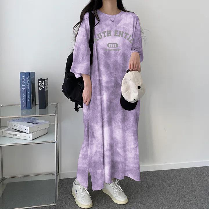 Women's 2024 New Summer Tie-Dye Loose Fit T-Shirt Dress: Korean Style, Short-Sleeved, Casual Mid-Length with Fashionable Print