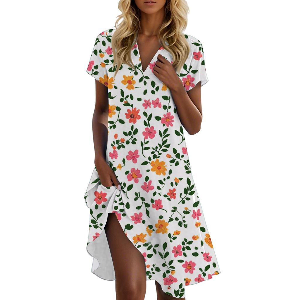 Women's Casual Fashion Stand Collar Floral Print Short Sleeve Dress