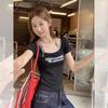 American Retro Black Printed Fake Two-piece Short-sleeved T-shirt Women's Summer New Slim-fitting and Thin Shoulder Top