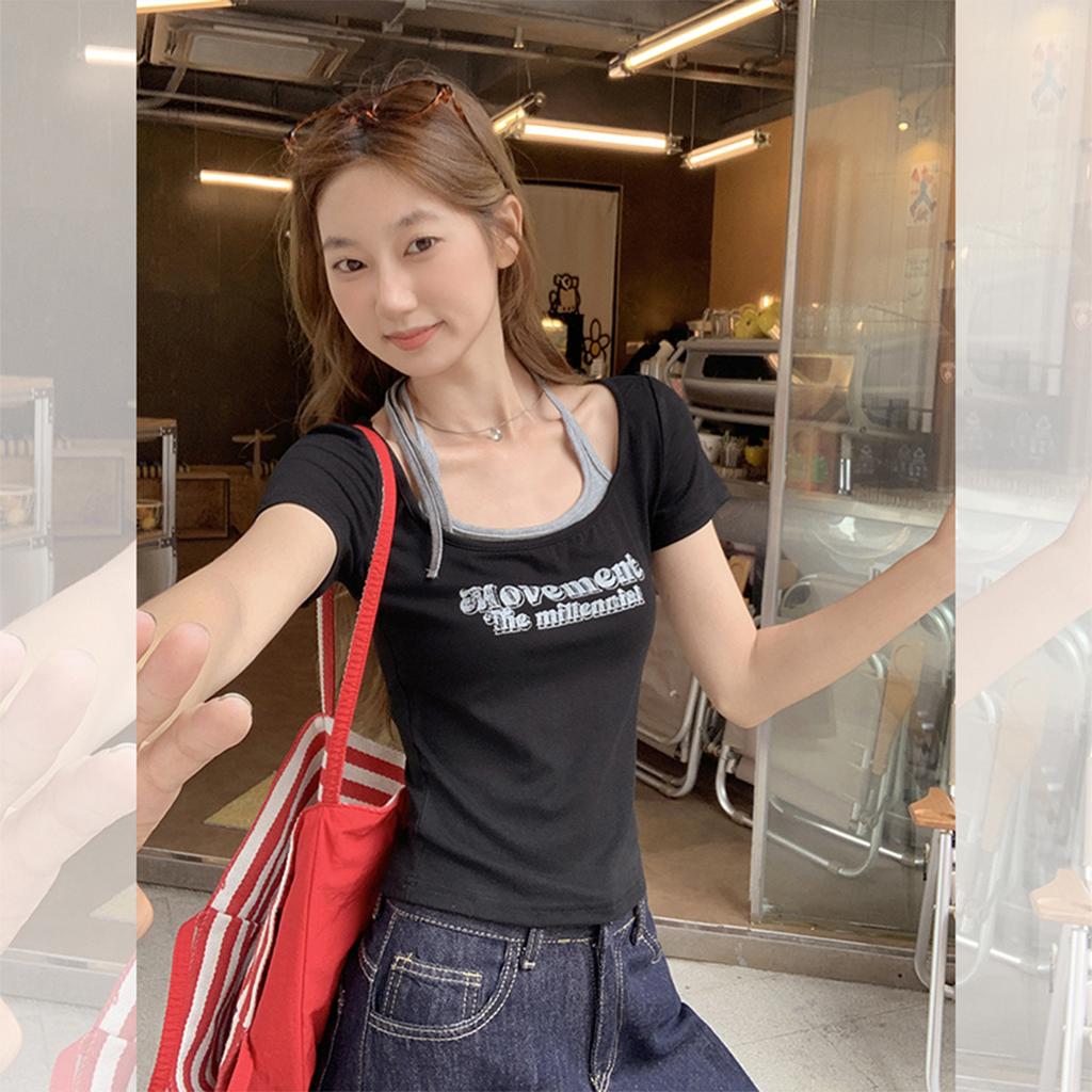 American Retro Black Printed Fake Two-piece Short-sleeved T-shirt Women's Summer New Slim-fitting and Thin Shoulder Top