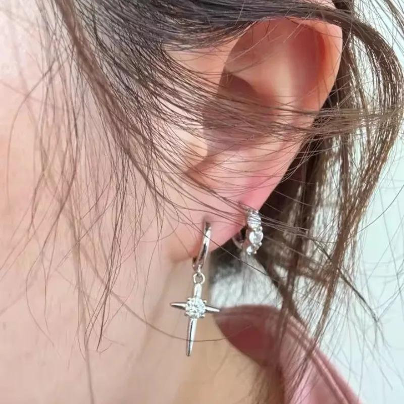 2pc/set Shiny Zircon Cross Star Earrings for Women Men New Fashion Stainless Steel Ear Bone Nail Ear Accessories Sparkle Jewelry