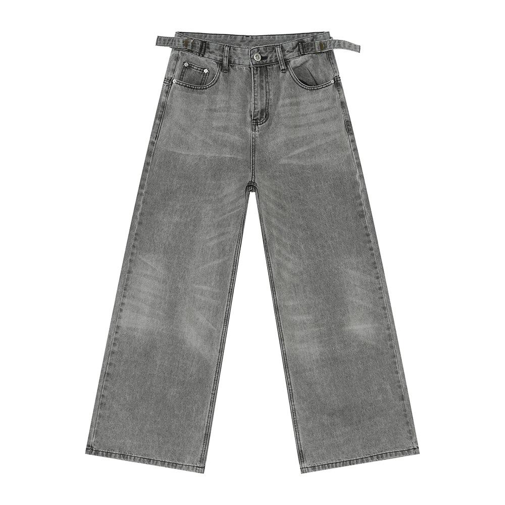 

Men s clothing | New autumn product: niche retro style adjustable belt straight loose gray jeans S серый