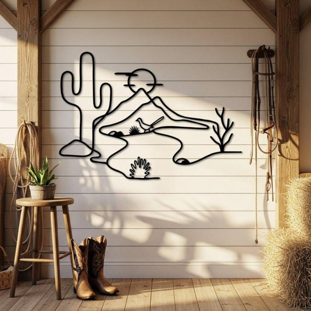 Metal Cactus Wall Art Desert Landscape with Roadrunner Southwest Home Decor