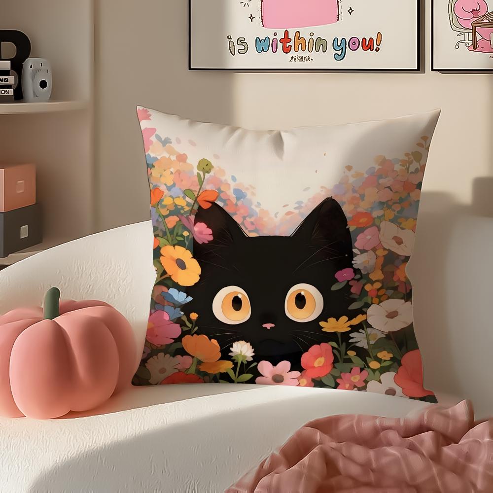 Cute Tiny Adorable Art Cartoon Little Black Cat Cushion Cover Pillowcase Short Plush Invisible Zipper Room Sofa Cushion Cover
