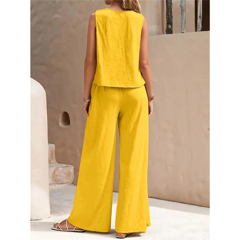  Women's Elegant Solid Color Matching Set Sleeveless Blouse And Wide Leg Pants