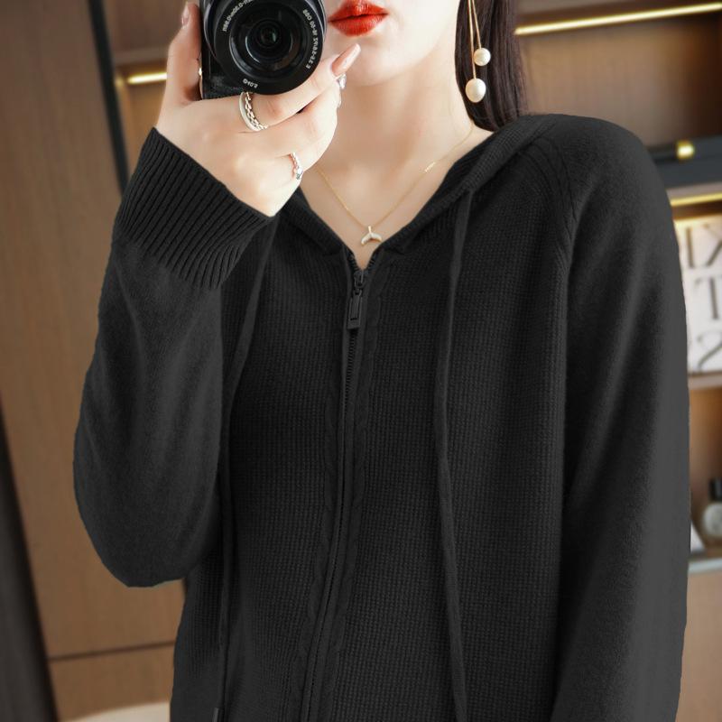 Fashion Hooded Zip Cardigan Women's Autumn and Winter Solid Colour Sweater Coat Casual Versatile Sweater Knitwear