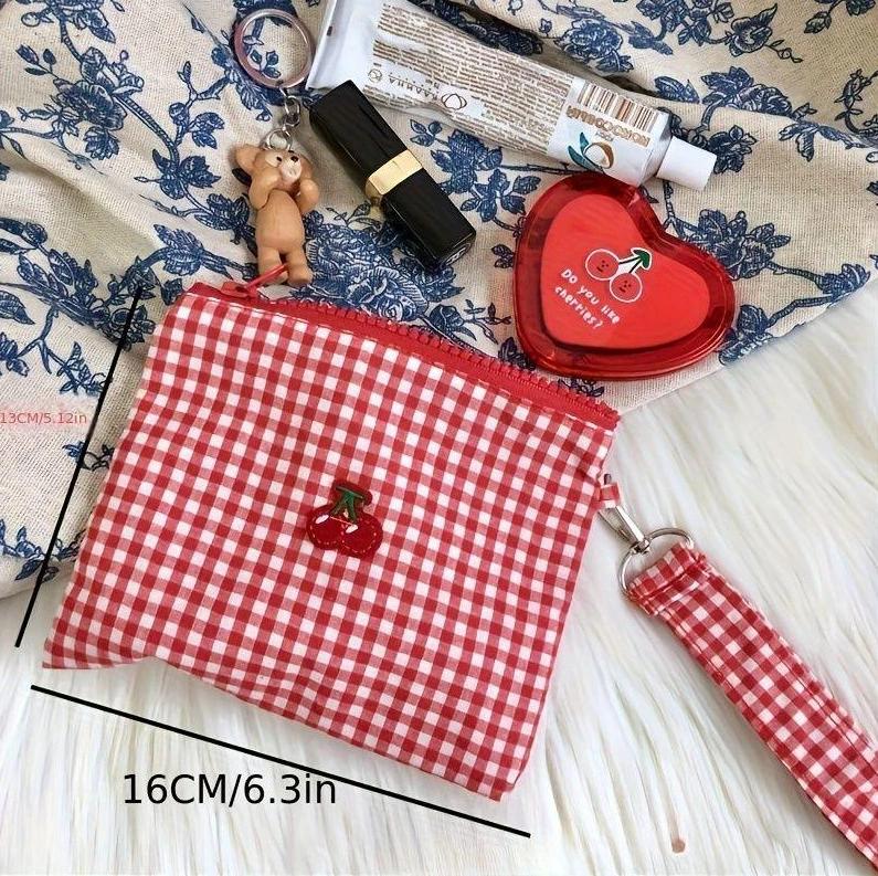 Red cherry canvas makeup bag, portable and easy to carry. Red plaid, large capacity cosmetic lipstick storage bag