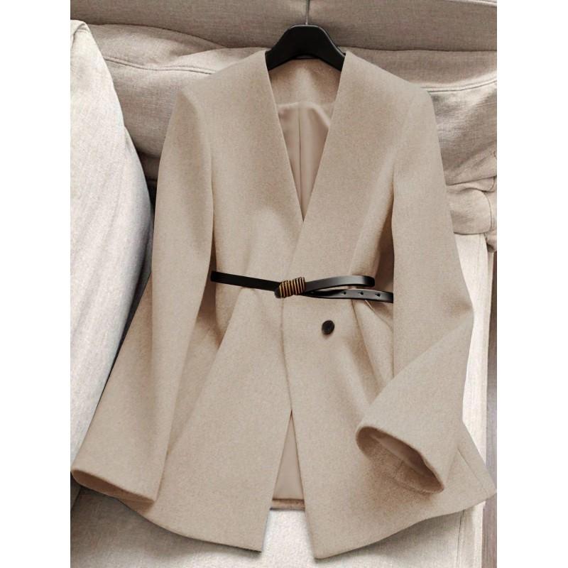 Womens Stand Collar Waist-Cinched Mid-Length Coat With Lining Elegant Office Wear 2026
