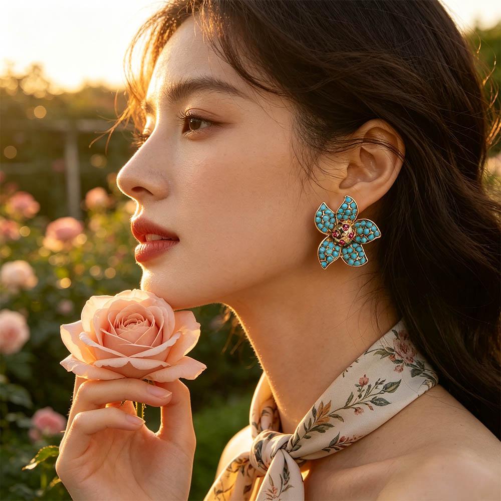 Zinc Zinc Alloy Flower Earrings Peacock Blue Medieval Resin Earrings Irregular-shaped Ear Stud Party Jewelry