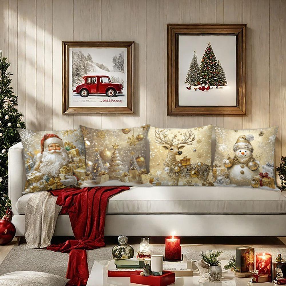 4PCS Christmas Decorative Pillow Cover Reindeer Snowman Cushion Case Sofa Living Room Throw Pillow Sham
