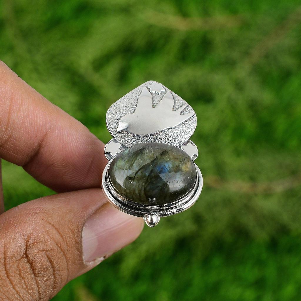 Natural Labradorite Gemstone Statement Bird Adjustable Ring 925 Silver For Girls