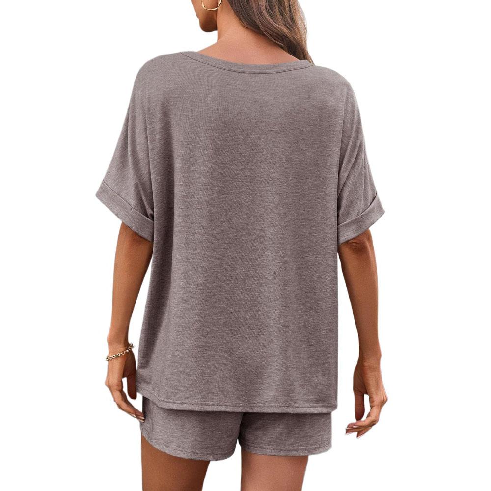 Tricou de vară pentru femei, cu mâneci scurte tip liliac, culoare uni, cu pantaloni scurți cu șnur, set sport casual