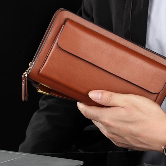 Homens Faux Couro Duplo Zíper Carteira Bolsa Porta-Dinheiro Clipe Clutch Bolsa de Mão