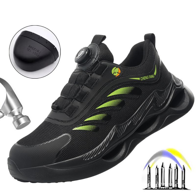 

Рабочие кроссовки с вращающейся пряжкой, защитная обувь, легкая защитная обувь, устойчивая к проколам, противоударная обувь со стальным носком, рабочие ботинки, мужские 48 чёрный/зелёный