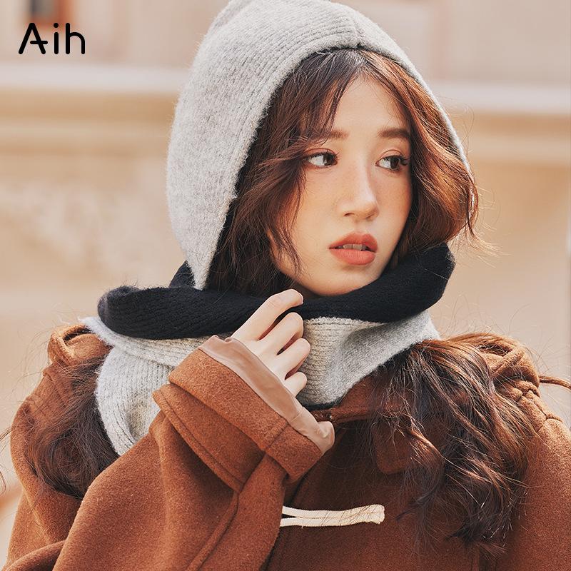 Autumn and winter new hats, scarves, integrated warmth, ear protection, scarves, cycling windproof hats, women's knitted hooded color matching