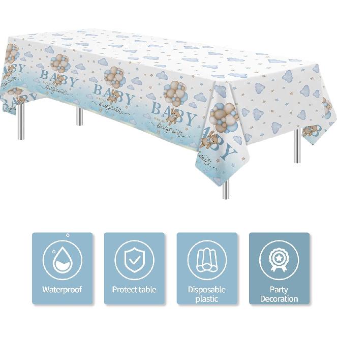 3 Pack Bear Baby Shower Decorations Tablecloth for Boy - Blue Bear We Can Bearly Wait Baby Shower Decorations Party Supplies Table Cover,54in x 108in