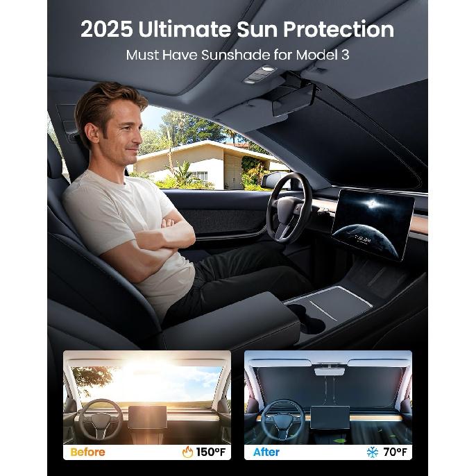 REEVAA 2025 Upgraded Tesla Model 3 Highland Sunshade Windshield [Tailored Fit, 99% Sun Protection] Foldable And Easy-Use Sunshade Accessories With
