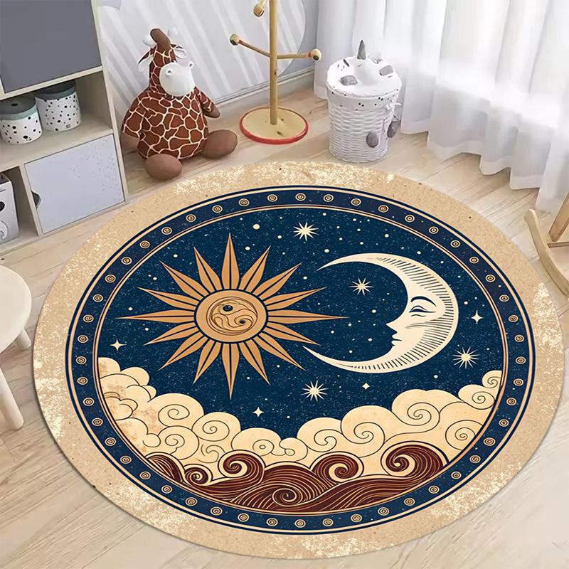 

Round Celestial Moon Star Area Rug Non Slip Washable Floor Mat Modern Celestial Moon Geometric Design for Living Room Bedroom 80X80CM