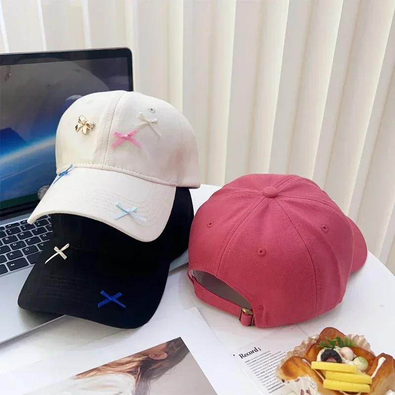 Korean Dopamine Bow Embroidery Baseball Cap Adjustable Washed Denim Snapback Hats For Women Girl Cute Top Sun Hat Female Caps