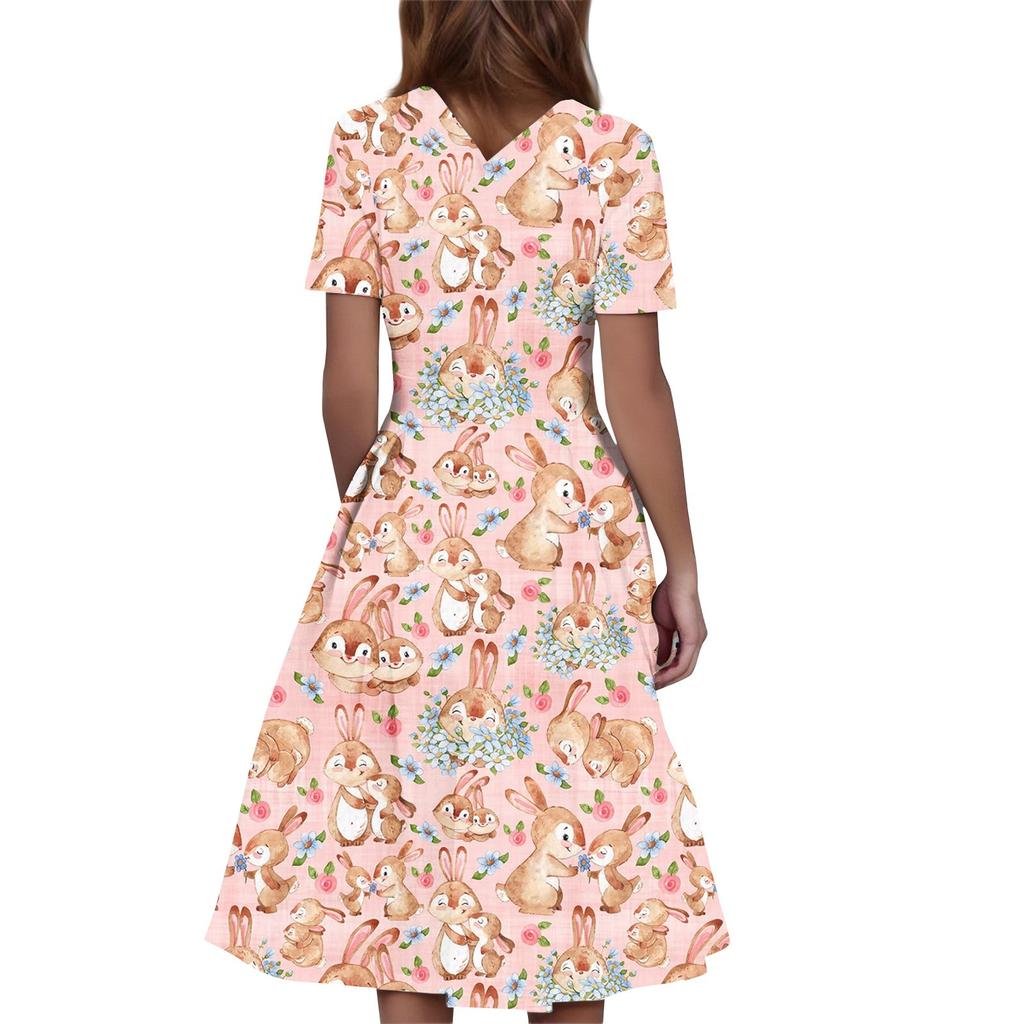 Women's Casual Fashion  Dress Easter Printed Round Short Sleeve Waisted Mid-Length Swing Dress (with Zipper)