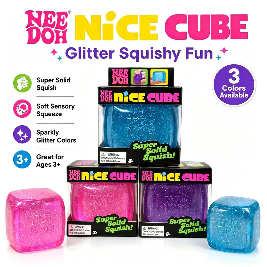 NeeDoh Nice Cube Glitter Squishy Toy, Super Solid Sparkly Sensory Fidget Cube for Stress Relief, Anti-Anxiety Soft Squeeze Toy for Kids & Adults