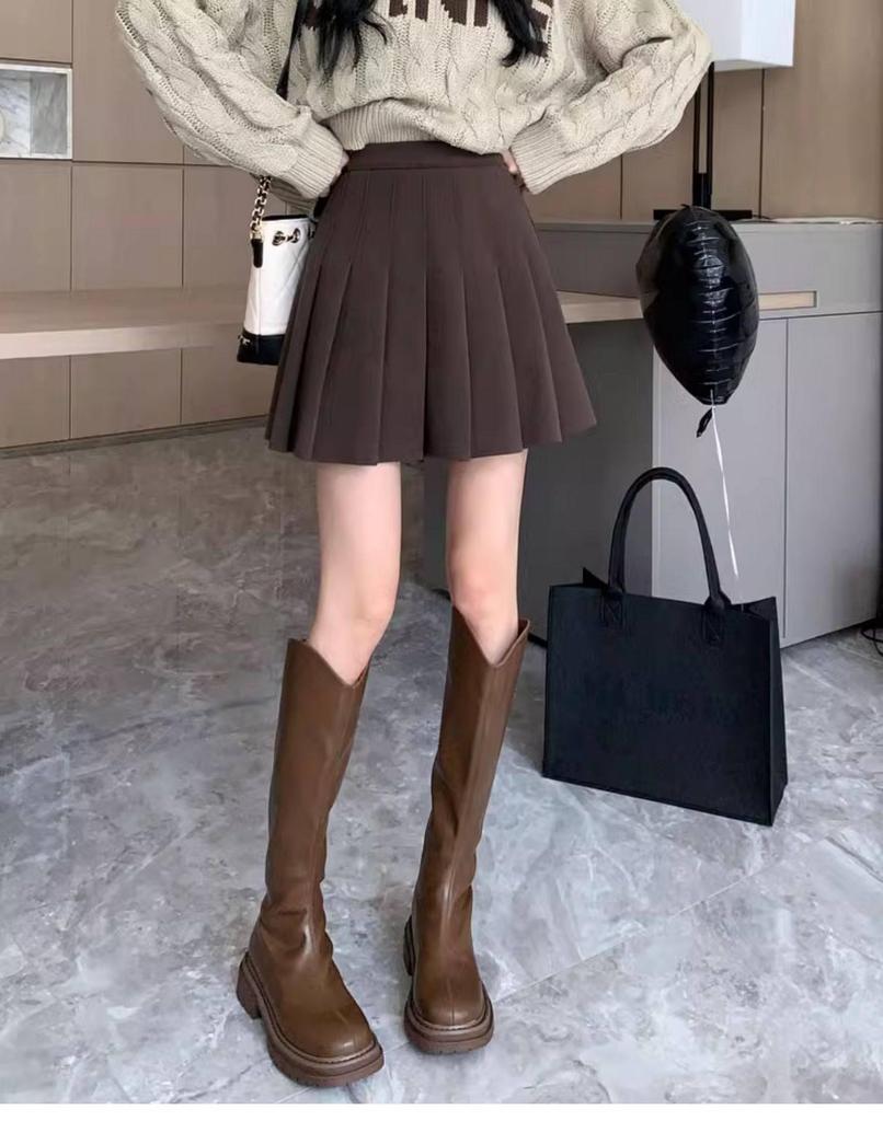 Women's Plus Size Woolen A-Line Pleated Skirt in Khaki - High Waist, Short Length for Spring and Autumn
