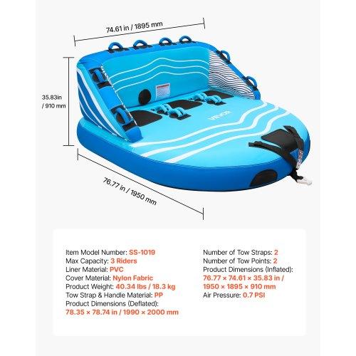VEVOR Towable Tubes for Boating, 3-Rider Inflatable Towable Tube for Boat to Pull, 231 kg Capacity Water Sports Boating Tubes - with Full Nylon Cover
