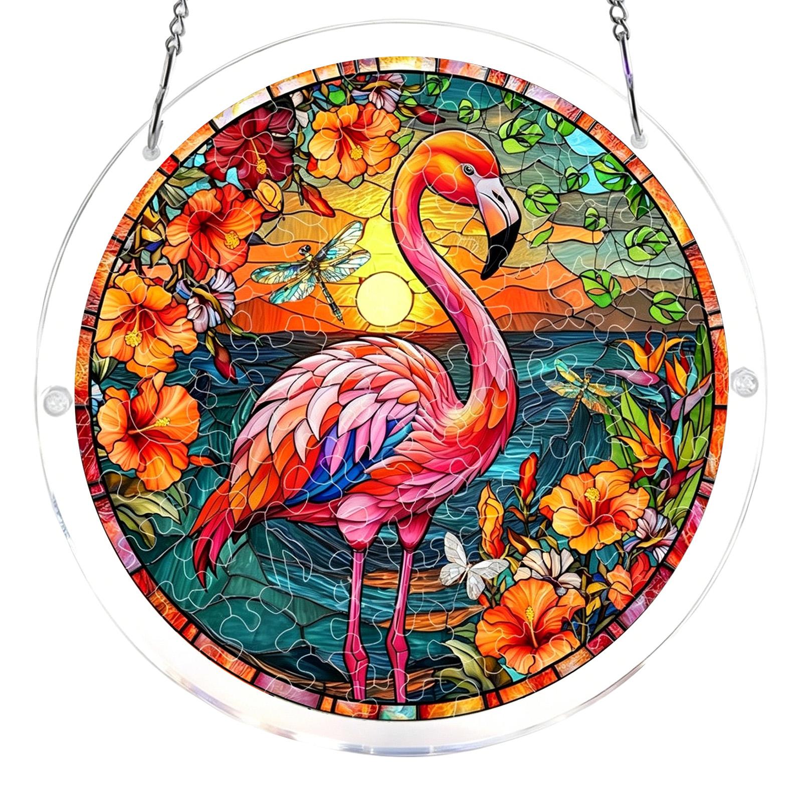 

2D Acrylic Hanging Puzzle with Cardinal Bird Design Stained Glass Style Window Decoration Round Shape Hanging Ornament for Home and Office One Size