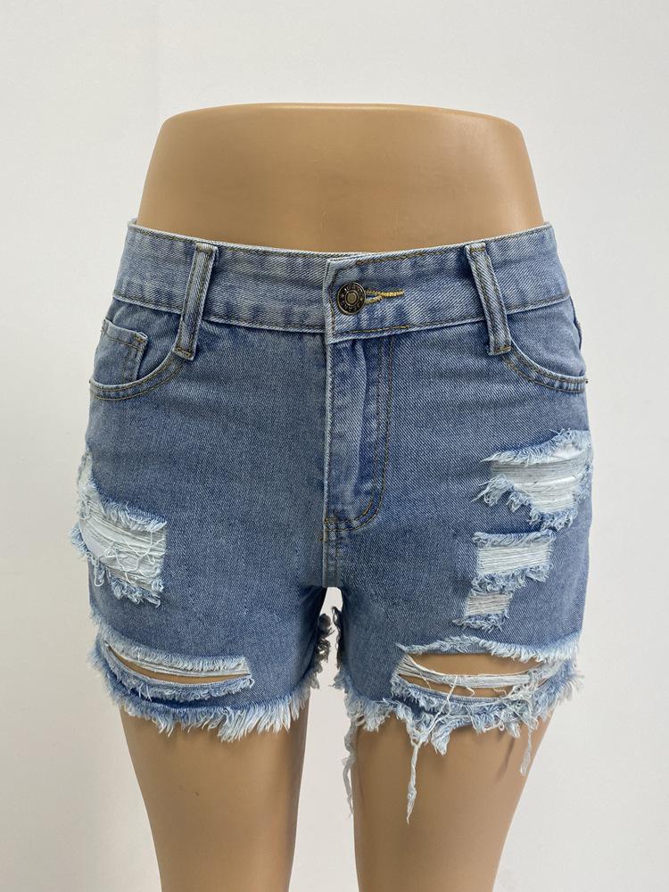 2023 Summer Casual Women's Ripped Raw Hem Straight-Leg Denim Shorts