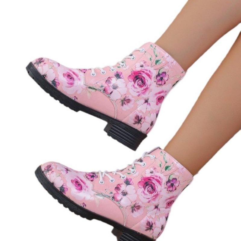 Blume in Übergröße Farbe Schnür-Martin-Stiefel Herbst und Winter neu runde Spitze Blockabsatz Damenstiefel