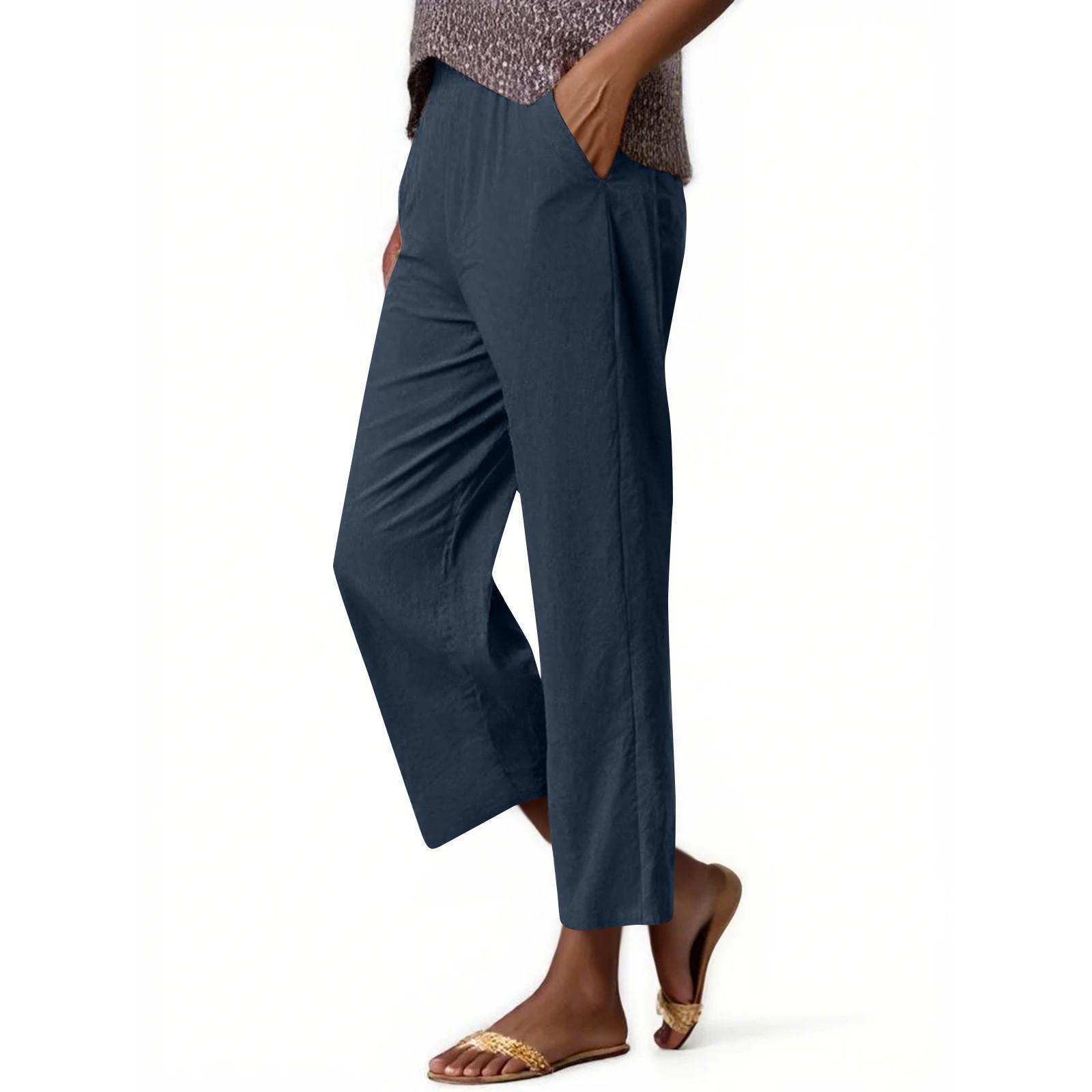 

Жіночі Модні Однотонні Бавовняно-Конопляні Вільні Штани з Еластичним Поясом та Кишенями Широкі Штани Кюлоти Повсякденні XXL Темно-синій