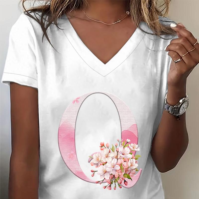 Pink Sakura 26 Alphabet Fashion Casual Tops Unisex Cherry Blossom Lover Vneck Short Sleeve Tshirt Letter R Floral Gift Clothing