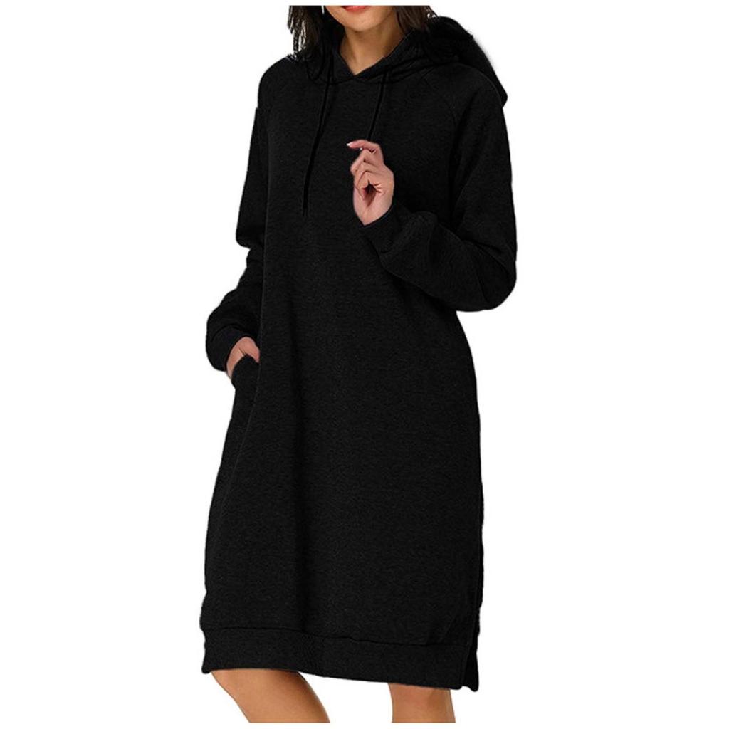 Women Fashion Casual Long Sleeve Solid Color Pockets Hat Loose Sweater Tops