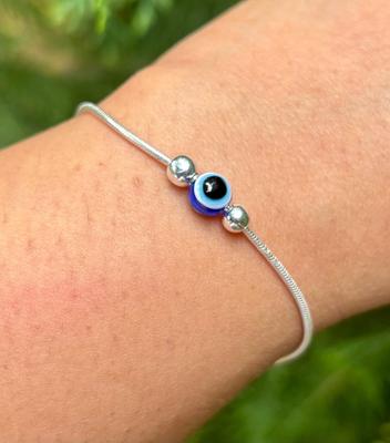 1 Pc 925 Silver Evil Eye Protection Bracelet, 6.5 + 1 Inch Amulet Nazariya Blue Black Bead Jewelry, Snake Chain Handmade, Handcrafted