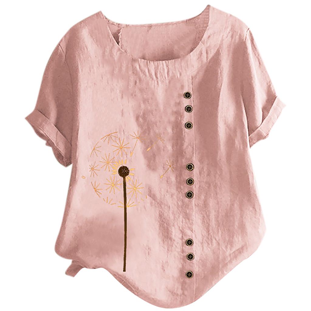 Joyionier Women O-Neck Short Sleeve Floral Print Buttons Cotton Linen Vintage Top Joyionier Women O-Neck Short Sleeve Floral Print Buttons Cotton Linen Vintage Top