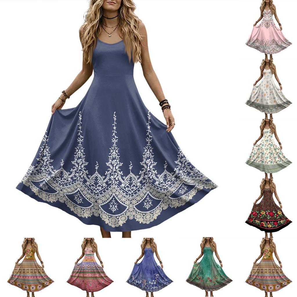 Women’s V Neck Sleeveless Maxi Dress with Adjustable Spaghetti Straps and Floral Print for Summer Beach Wear