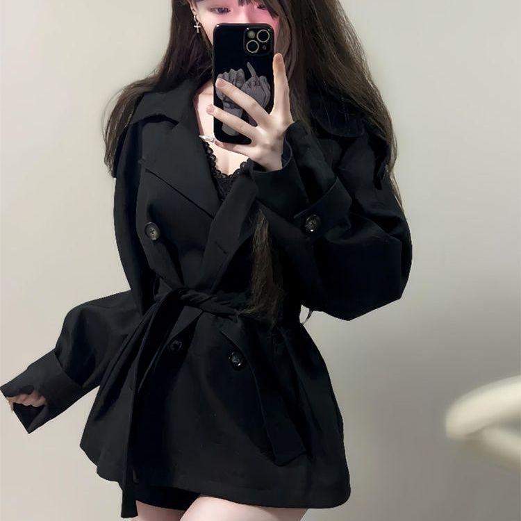 Damski Czarny Dwurzędowy Płaszcz Przejściowy Petite - Styl Jesień/Zima Podkreślający Talię