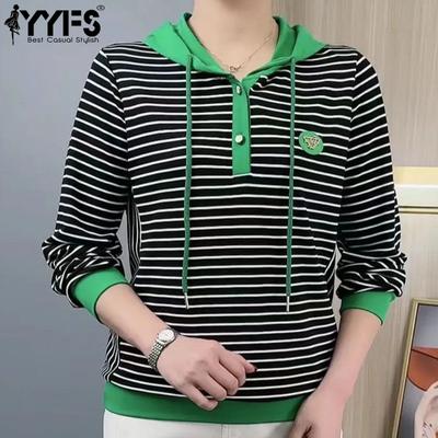 Women's Fashion Casual Spring Autumn Stripe Print Long Sleeve Hooded Blouses & Shirts