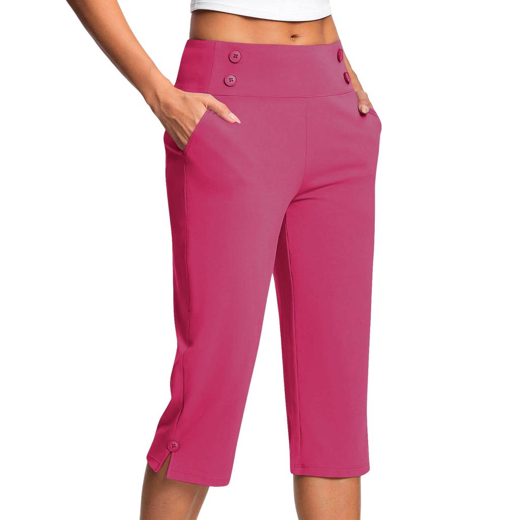 Women's Fashionable Solid Color Button Pocket Pants with Split Hems High Waist Sports Yoga Casual Cropped Pants