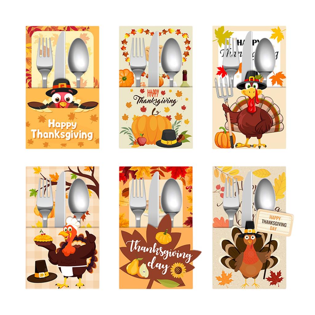 6Pcs Thanksgiving Cutlery Holder Set Fall Thanksgiving Utensil Decor Turkey Cutlery Holders For Party Supplies Autumns Harvests Dinner Table Decor