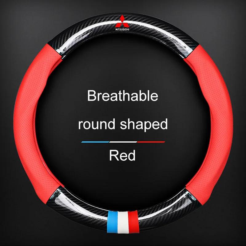 Leather Carbon Fiber Car Steering Wheel Cover Emblem For Mitsubishi Pajero Outlander XL Montero Lancer Triton l200 Galant