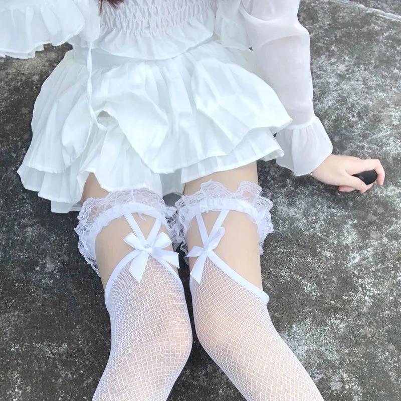 2 Pair Women Y2K Harajuku JK Long Socks Goth Mesh Stockings Lolita Style Cosplay Girl Sexy Knee Bowknot Thigh High Stockings