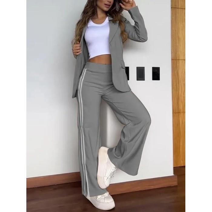 Women's set autumn and winter casual long-sleeved lapel striped blazer and straight pants two-piece set