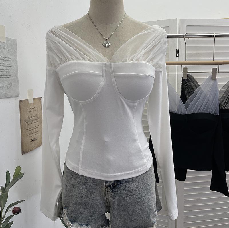 

V-Neck Long-Sleeve Top with Chest Pads and Mesh Splicing, Slim Short Sleeve Layered Look T-Shirt for Women One Size