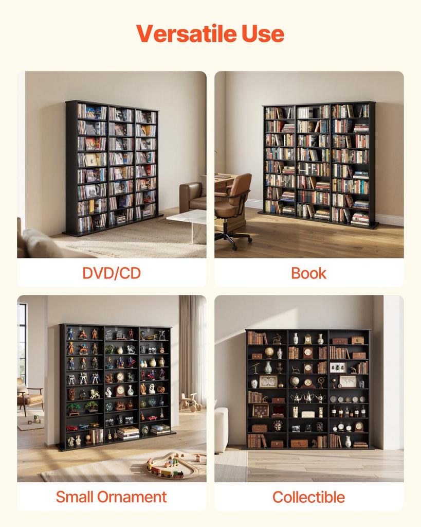 Media Storage Cabinet, 8-Tier DVD Shelf Organizer, 142 X 22 X 130 Cm Multimedia Storage Organizer for CDs, DVDs, Books & Games, CD Shelf for Living