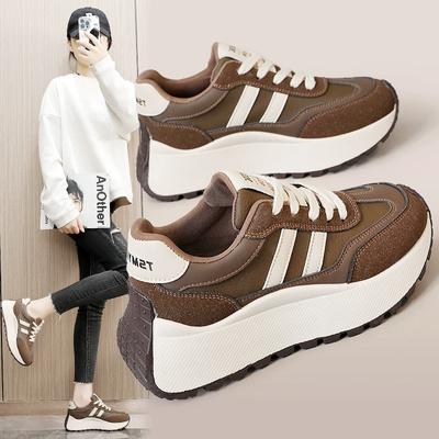 Women's Retro Platform Sneakers Suede Patchwork Casual Lace-up Chunky Shoes