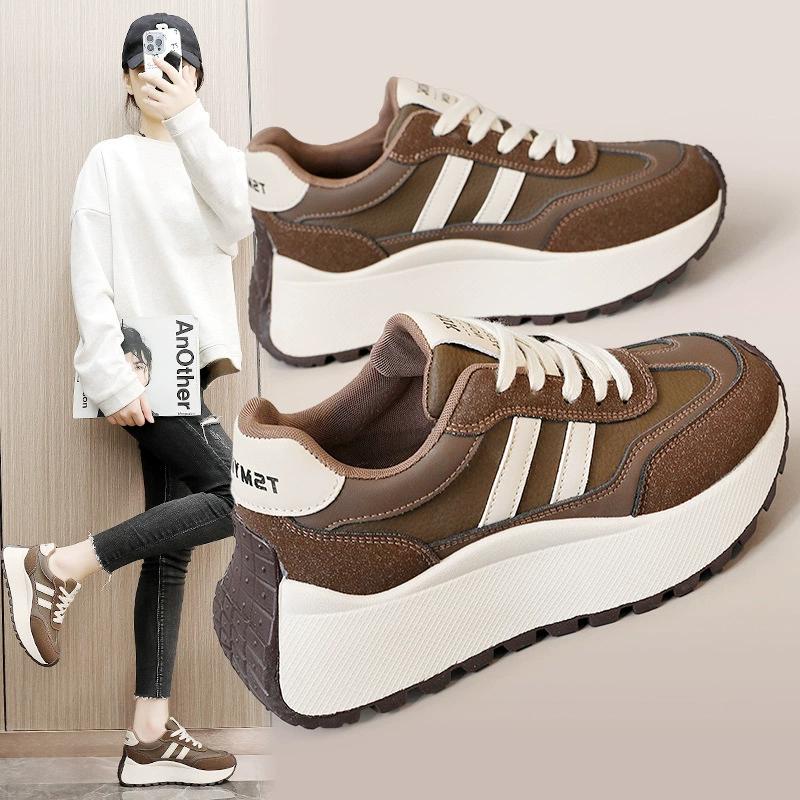 Women's Retro Platform Sneakers Suede Patchwork Casual Lace-up Chunky Shoes