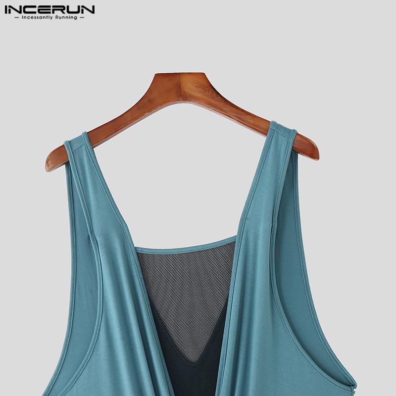 INCERUN Mens Deep V Mesh Patchwork Front Bow Short Jumpsuits Romper Bodysuits