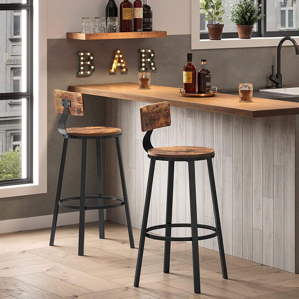 VASAGLE Bar Stools, Kitchen Stools, Set of 2 Tall Bar Chairs with Backrest, Steel Frame, 73 cm High Seat, Easy Assembly, Industrial