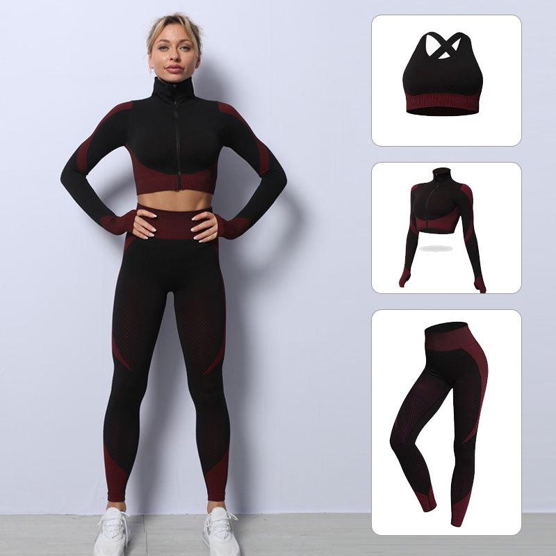 Costum de yoga din tricot fără cusături pentru femei: Set de toamnă/iarnă din 3 piese cu ridicare de șold pentru fitness și alergare